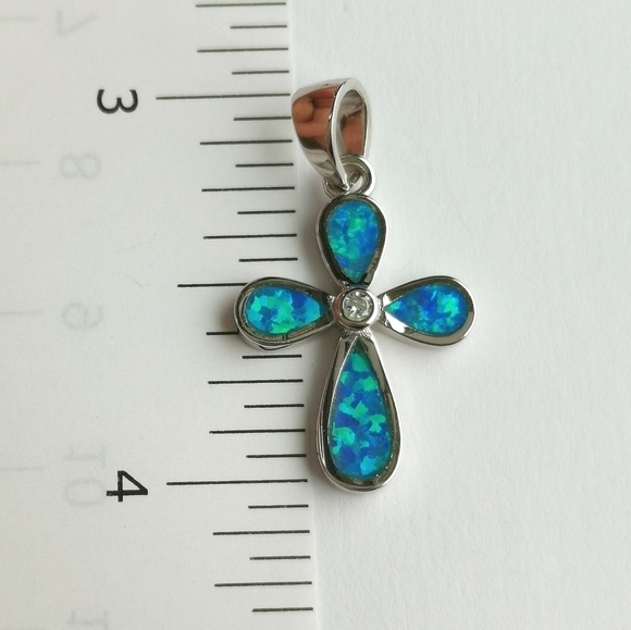 Blue opal cross pendant for necklace with cz accent in Sterling Silver 🆕 - Picture 4 of 5
